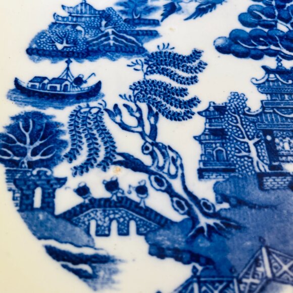 Blue Willow Large Serving Bowl, Unmarked Antique Blue Transferware China - Picture 15 of 16